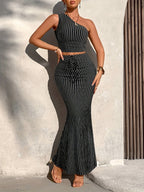 Women'S Summer Casual Striped Off-Shoulder Ruffled Short Top And Ruffled Mermaid Skirt 2pcs Set - Black
