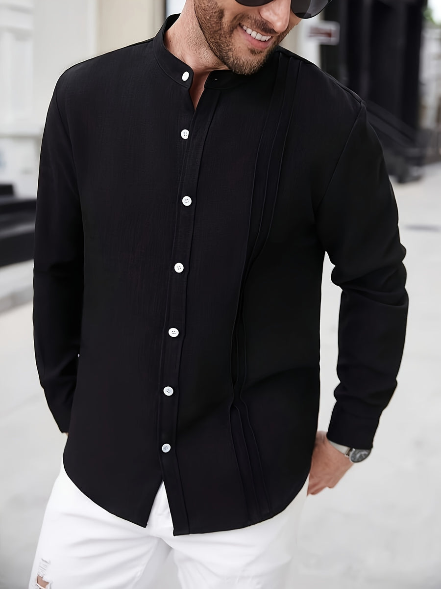 Cross-Border Men'S Casual Mandarin Collar Long Sleeve Shirt - Black