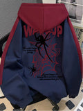 American Street Style Fun Black Spider Web Letter Print Long Sleeve -Lined Women's Hoodie with Contrast Color Design, Casual Loose BF Lazy Style Couple Fashion Sweatshirt - Navy Color