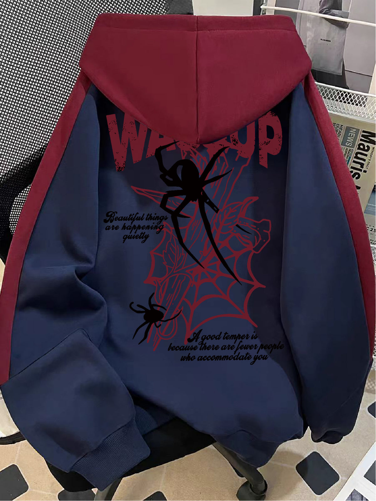 American Street Style Fun Black Spider Web Letter Print Long Sleeve -Lined Women's Hoodie with Contrast Color Design, Casual Loose BF Lazy Style Couple Fashion Sweatshirt - Navy Color