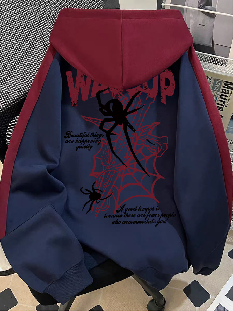 American Street Style Fun Black Spider Web Letter Print Long Sleeve -Lined Women's Hoodie with Contrast Color Design, Casual Loose BF Lazy Style Couple Fashion Sweatshirt - Navy Color