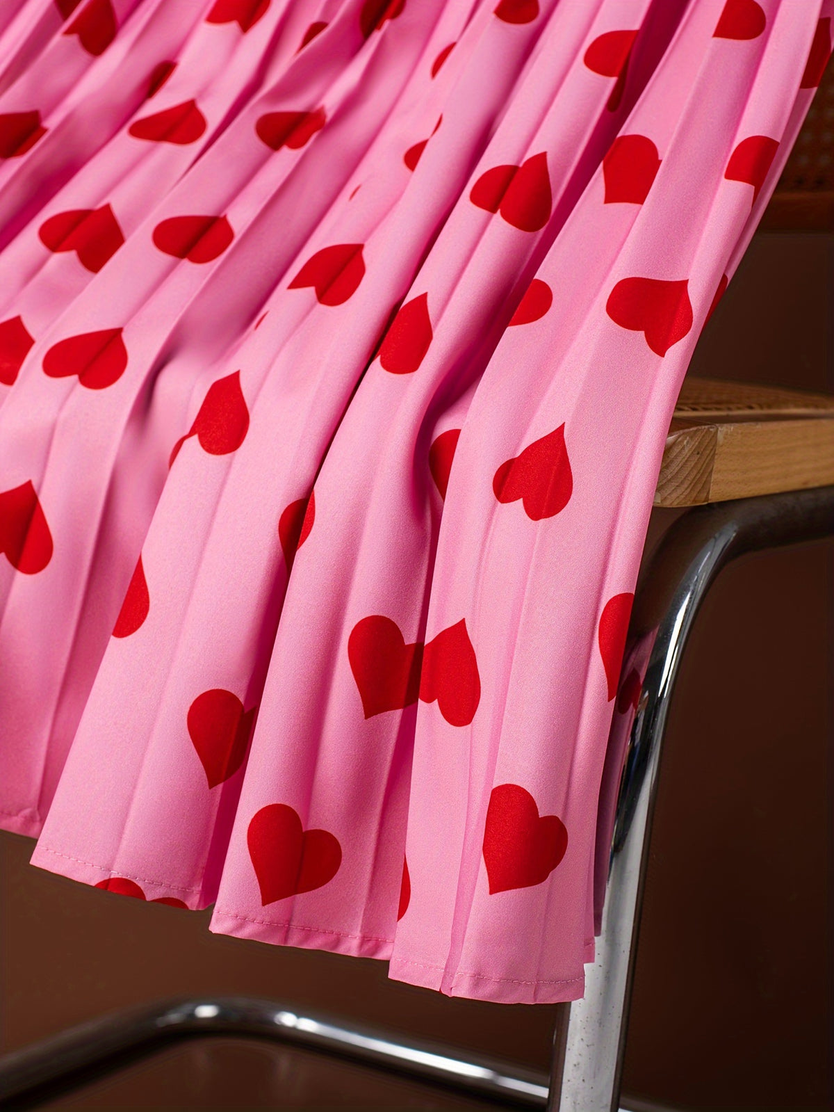 Heart Print Elastic Waist Band Skirt, Casual A-line Pleat Skirt For Spring & Summer, Women's Clothing - Pink