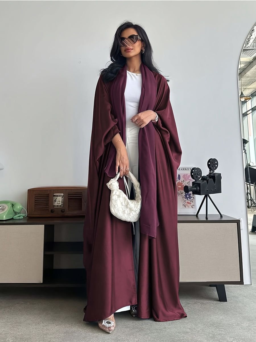 Middle Eastern Muslim Solid Color Loose Robe with Batwing Sleeves, Long Dubai Cardigan with Headscarf - Mahogany