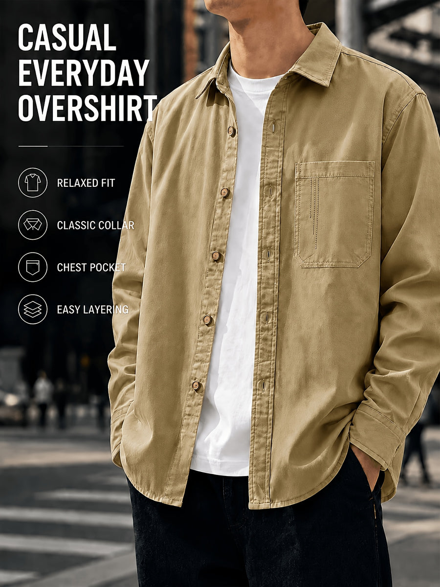 Men's Spring/Autumn Casual Long-Sleeve Shirt Jacket, Made with Skin-friendly Fabric That Is Comfortable and Breathable. Features a Classic Lapel Collar for a Neat and Structured Look, with a Chest Patch Pocket That Combines Storage with a Premium - Khaki