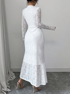 Elegant New Chinese Style White Lace Cheongsam Long Dress, Stand-up Collar with Mandarin Buttons, Semi-Sheer Slim-Fit Hip-Hugging Mermaid Skirt, Light Wedding Gown, Bridesmaid Evening Fairy Gown, Formal Dress, Guest Attire - Ivory White