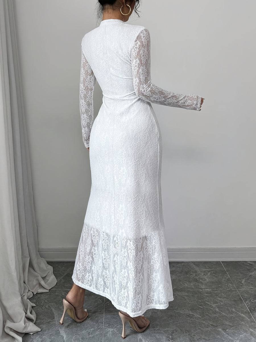 Elegant New Chinese Style White Lace Cheongsam Long Dress, Stand-up Collar with Mandarin Buttons, Semi-Sheer Slim-Fit Hip-Hugging Mermaid Skirt, Light Wedding Gown, Bridesmaid Evening Fairy Gown, Formal Dress, Guest Attire - Ivory White