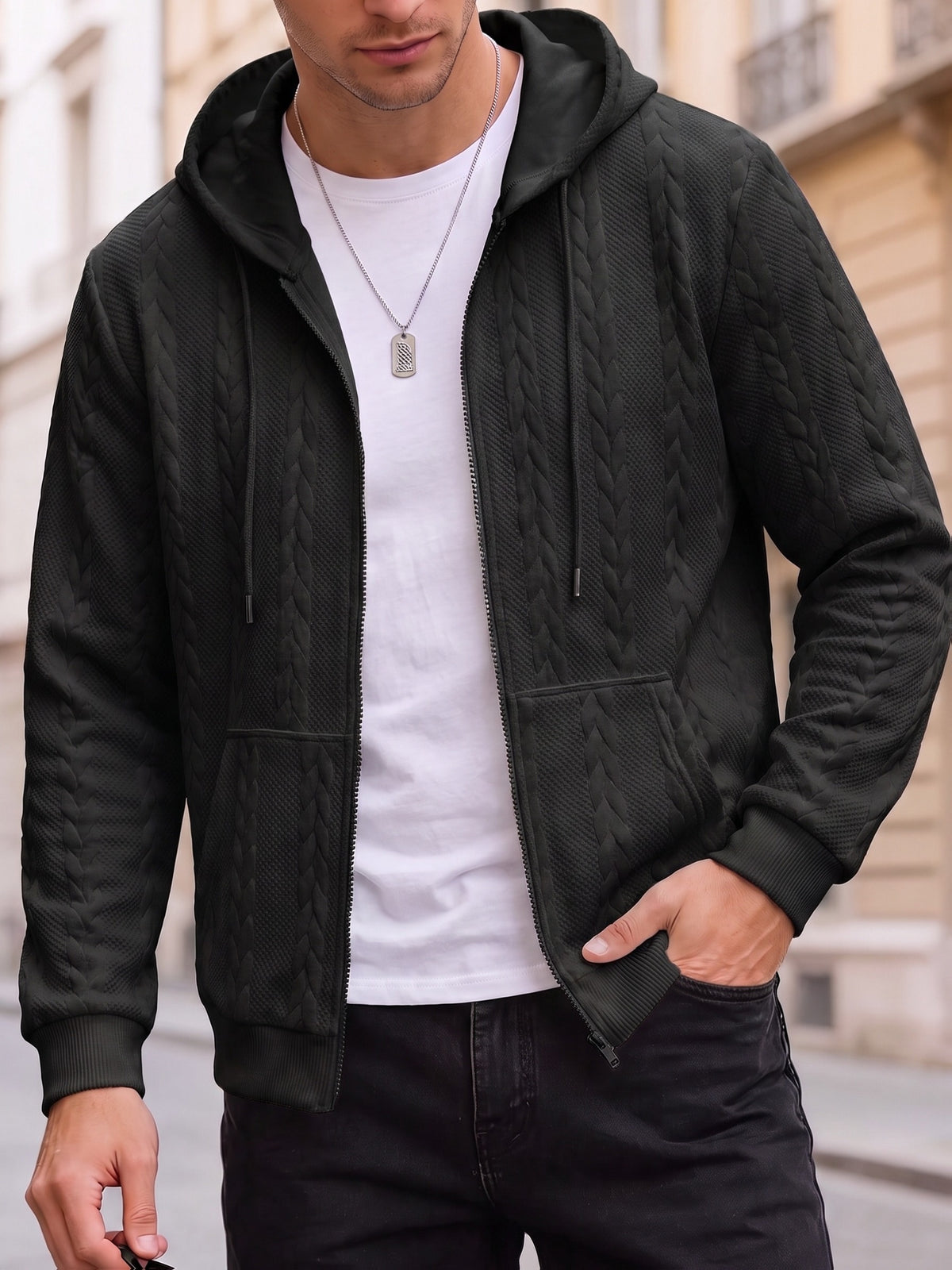 1pc Men'S Casual Knit Thick Hooded Shirt | Premium Soft Texture Skin-Friendly Fabric | Full Zipper Closure Design | Ribbed Cuff Design | Geometric Pattern Jacquard Texture | Loose Comfortable Fit | Soft Skin-Friendly Comfortable Warm | Indoor Office - Black