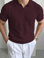 Men's Summer Vintage Rhombus Knit Polo Shirt, Vacation Casual Style Slim Fit Lapel Short Sleeve Sweater, Business Casual Commuter Knit Polo Shirt, a Satisfying Choice for Men - Burgundy color
