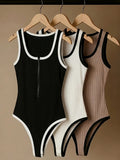 Elegant Fashion Commuter Zipper Design Color-Block Sleeveless Bodysuit 3pcs Set - Black+white+khaki
