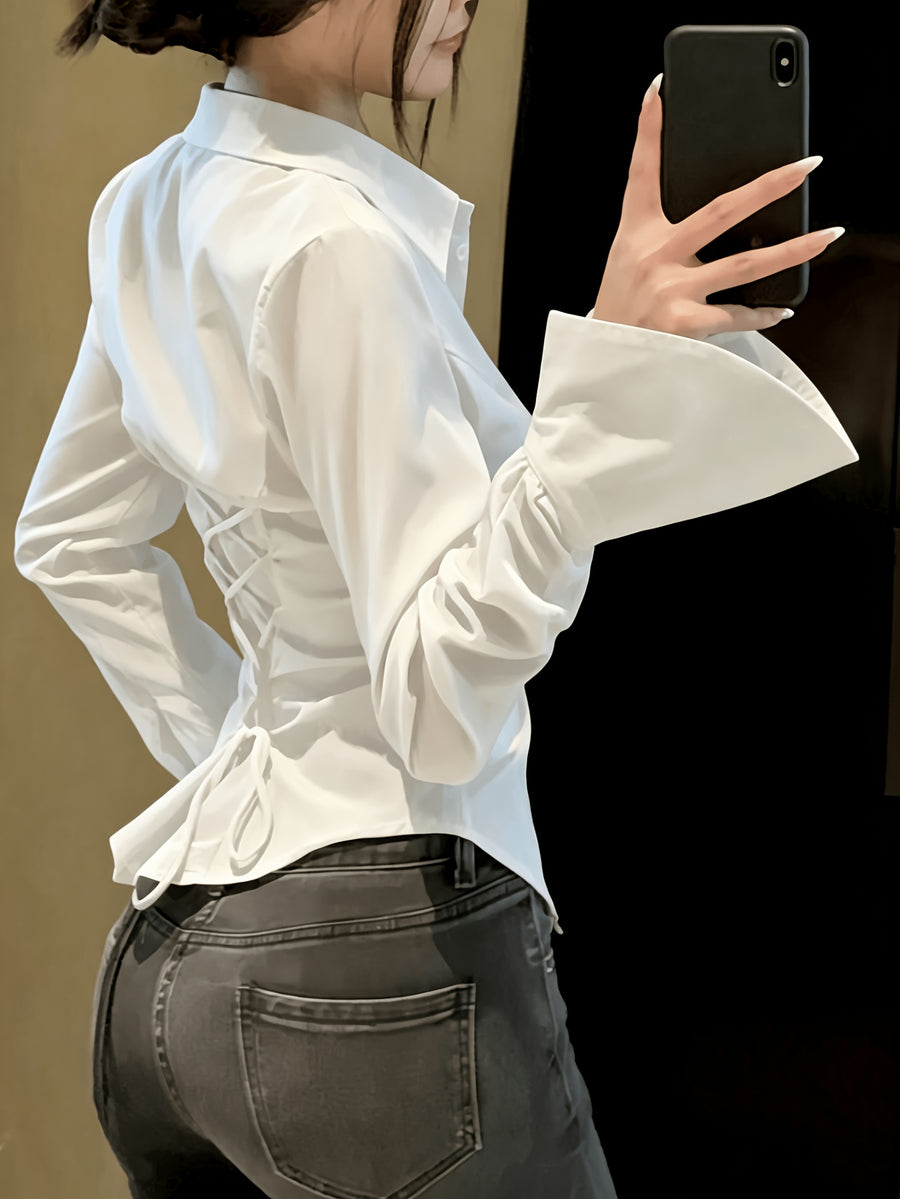 Elegant Women'S Solid Color Shirt, Back Long Sleeve Blouse, Suitable for All Seasons - White