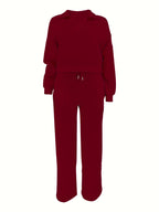 Women'S Casual Easy Solid Color Long Sleeve Hoodie And Pants 2pcs Set, Street Style, Suitable for Spring Autumn Daily Commute And Outing - Burgundy