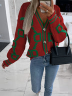 Western And American Autumn Winter New Plush Patchwork Contrast Color Sweater Cardigan Coat - Burgundy