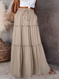 2025 Spring/Summer Rubber Waist Pleated Trim Patchwork Long Dress - Apricot