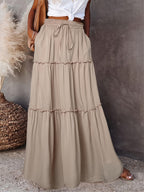 2025 Spring/Summer Rubber Waist Pleated Trim Patchwork Long Dress - Apricot