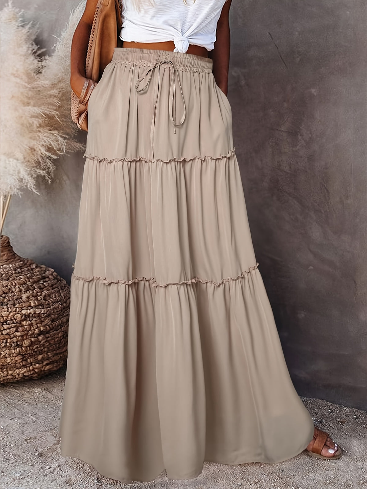 2025 Spring/Summer Rubber Waist Pleated Trim Patchwork Long Dress - Apricot
