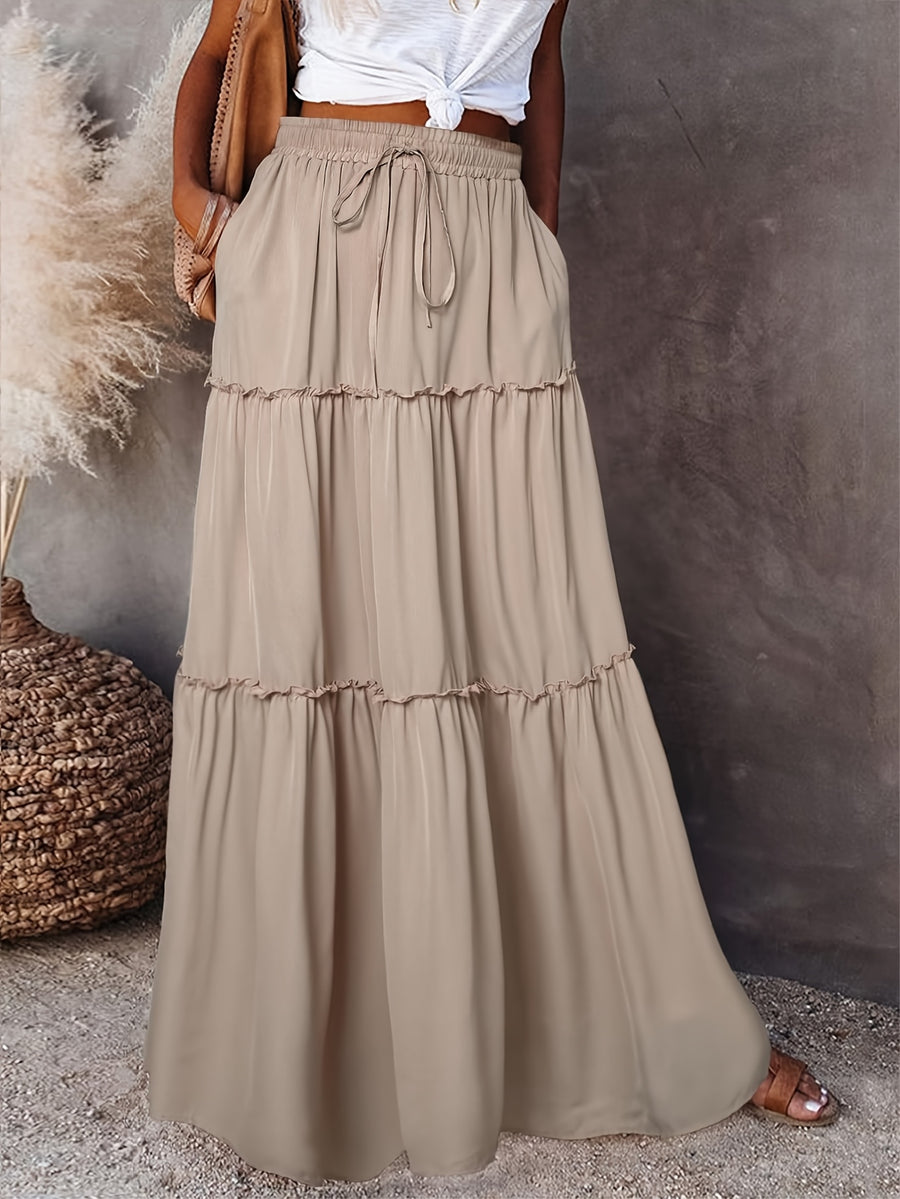 2025 Spring/Summer Rubber Waist Pleated Trim Patchwork Long Dress - Apricot