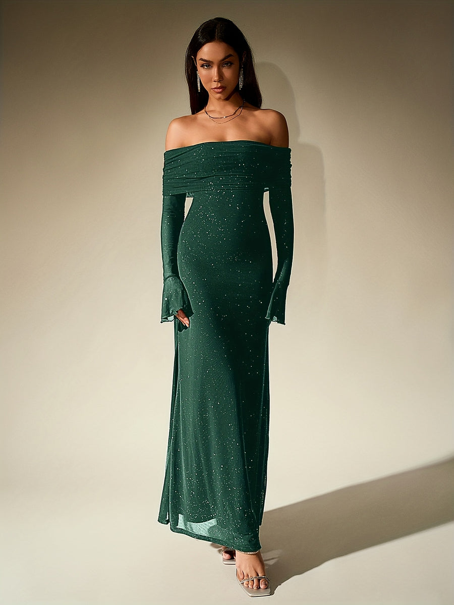 PARTHEA NewAsia Women's Bell Sleeve Off Shoulder Sequin Long Dress Backless Double Layer Club Party Sparkling Mesh Maxi Dresses Brown - Dark Green