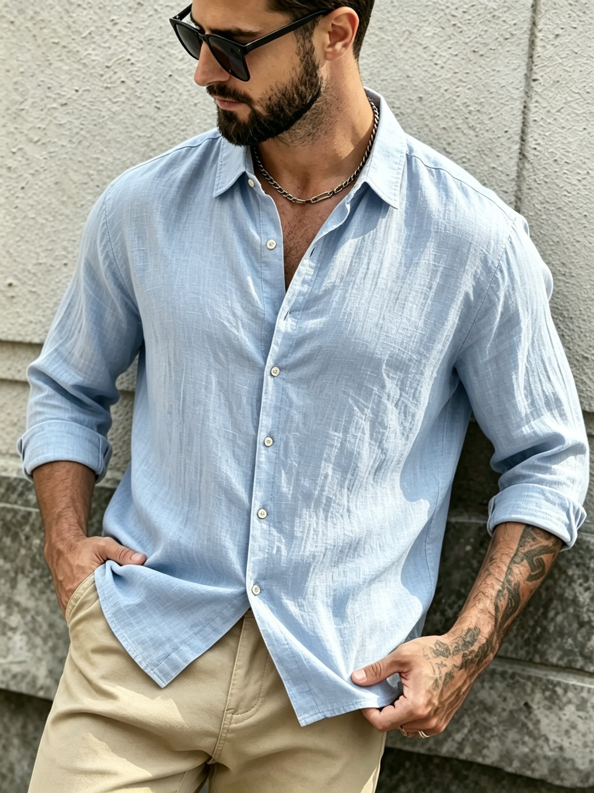The Preferred Gift for Back to School Season Is Men's Casual Shirts. Spring and Autumn Long Sleeved Shirts Are Trendy, Loose, Solid Color, Breathable and Versatile Tops, Making Them the Perfect Holiday Gift - Sky Blue