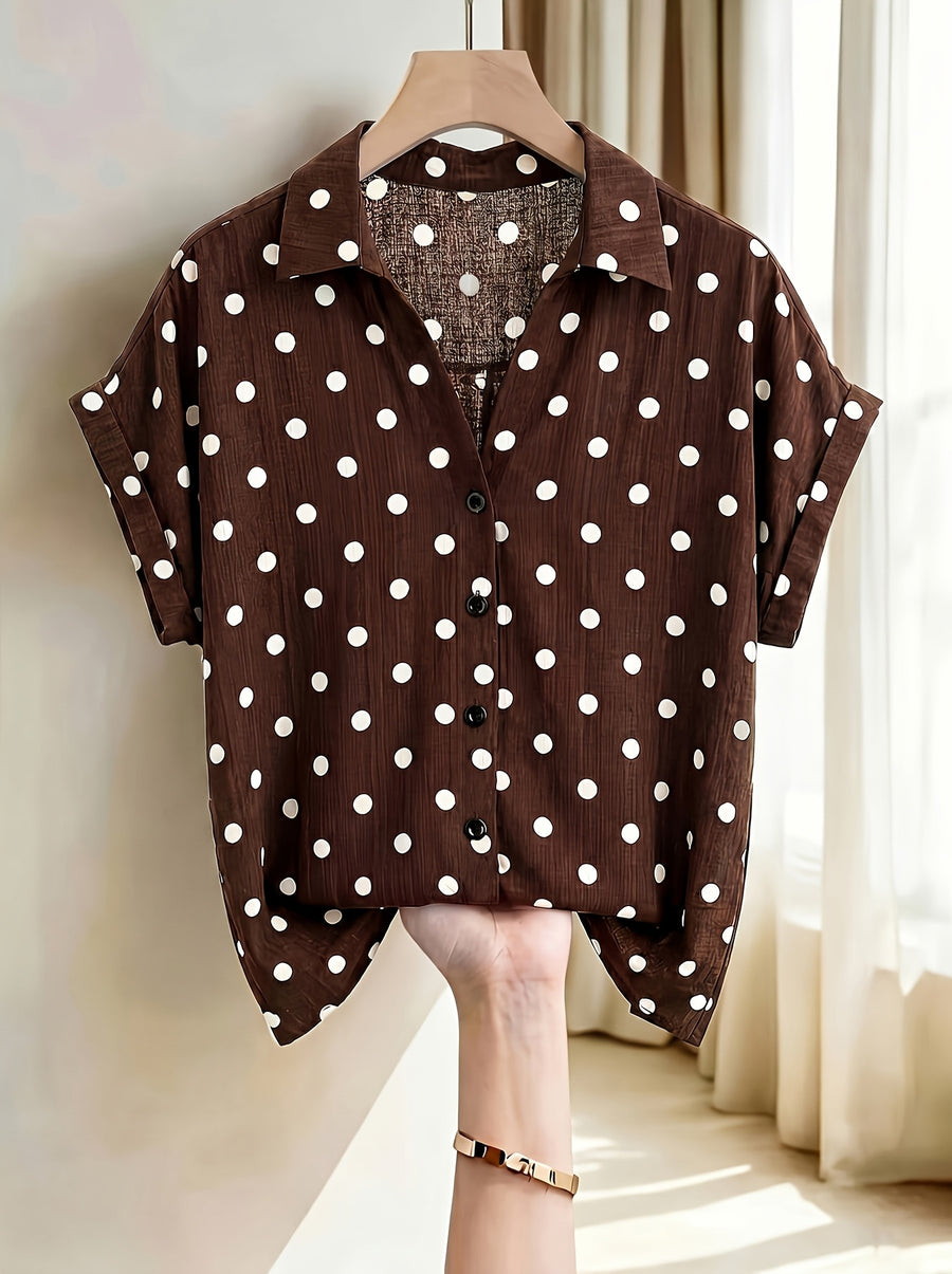 Women'S Elegant Easy Design V-Neck Puff Sleeve Lapel Short Sleeve Summer Shirt - Coffee Brown