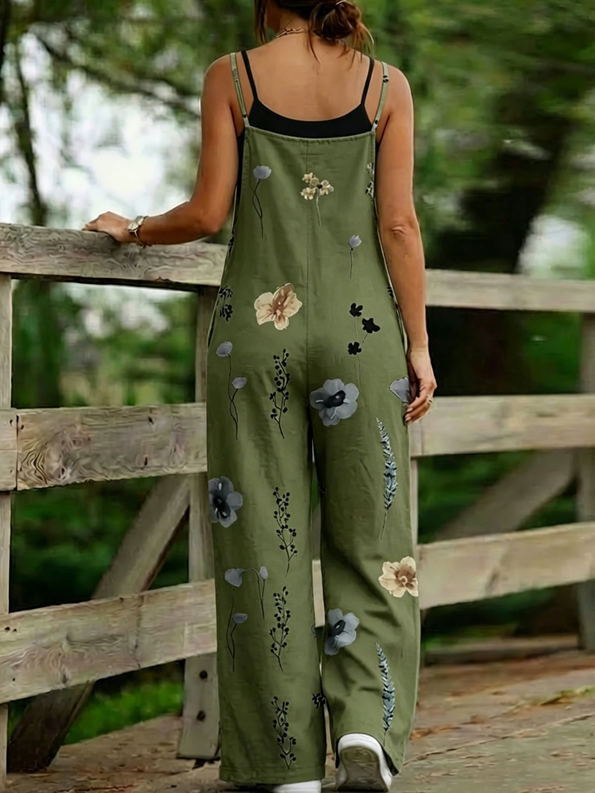 Ink Wash Floral Summer Loose Fit Wide-Leg Long Pants, Artistic Casual Versatile Women's Jumpsuit E0213 - Olive Green
