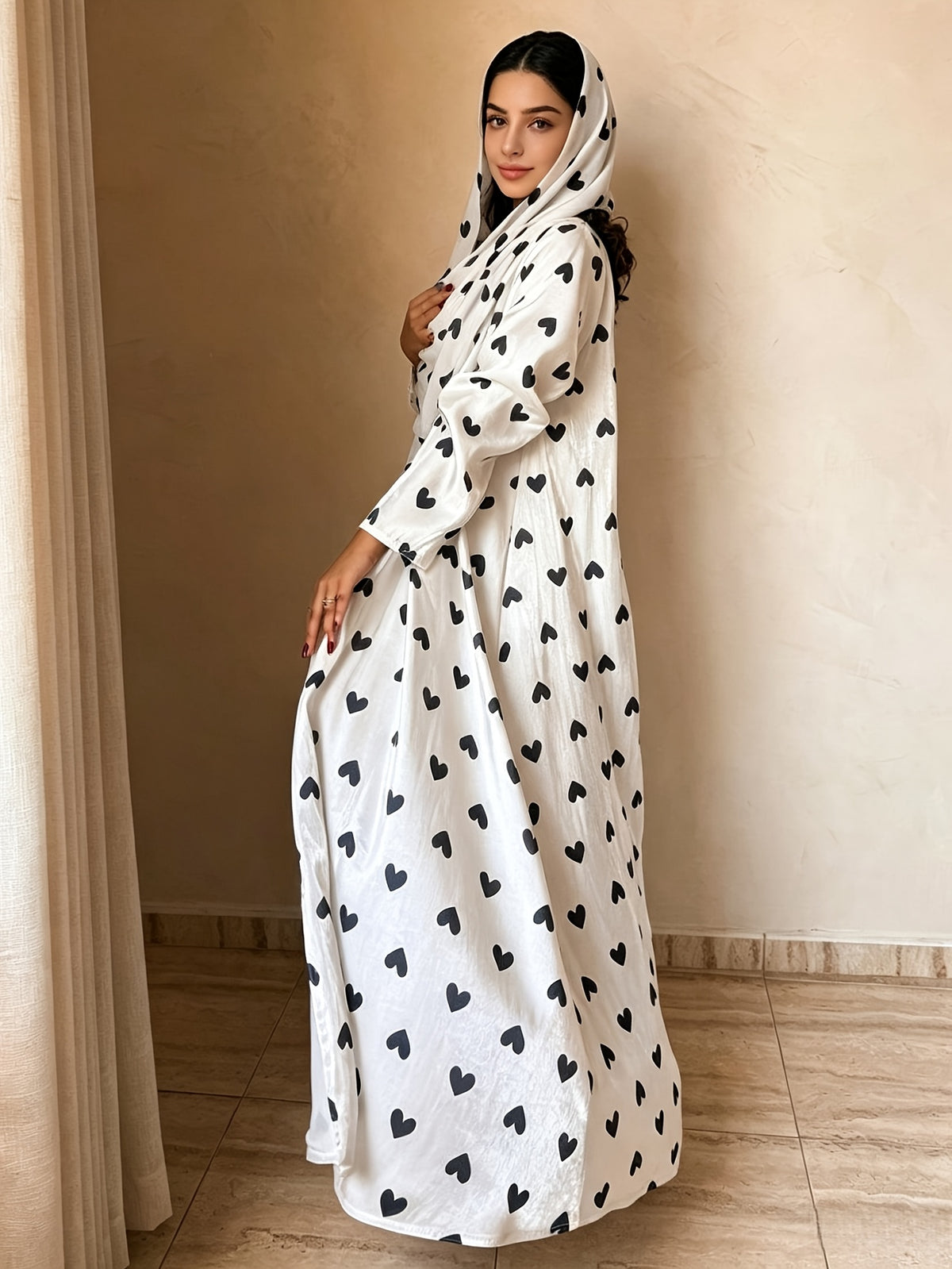 1 Set Heart Print Satin Abaya Set With, Elegant Flare Maxi Open Abaya for Women - White