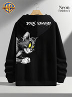 1pc Warner Bros. Cartoon Classic Couple's Sweatshirt, Unisex Long-Sleeve Top with Playful WB Anime Character Action Print on the Back, Trendy, Fashionable, Versatile, Streetwear, Comfortable, and Casual Outerwear, Chinese National Trend - Black