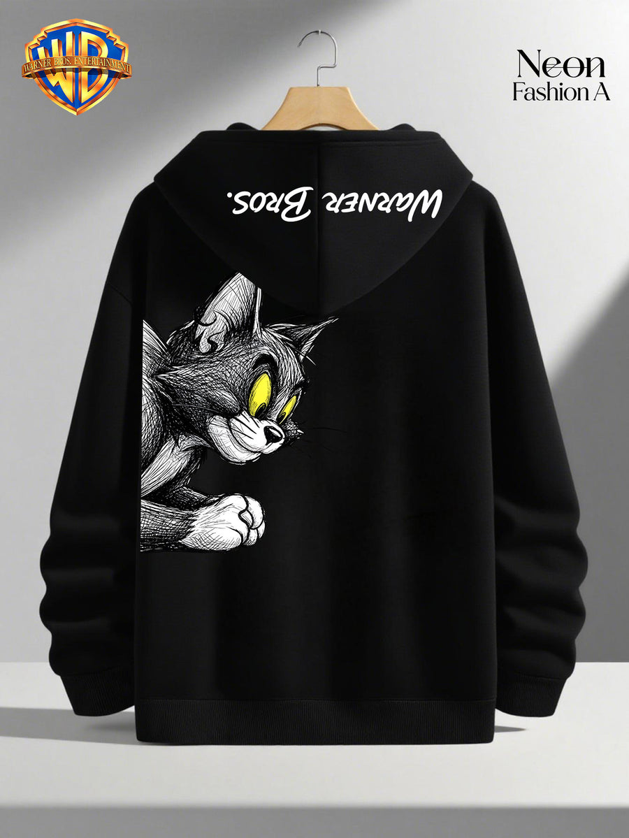 1pc Warner Bros. Cartoon Classic Couple's Sweatshirt, Unisex Long-Sleeve Top with Playful WB Anime Character Action Print on the Back, Trendy, Fashionable, Versatile, Streetwear, Comfortable, and Casual Outerwear, Chinese National Trend - Black