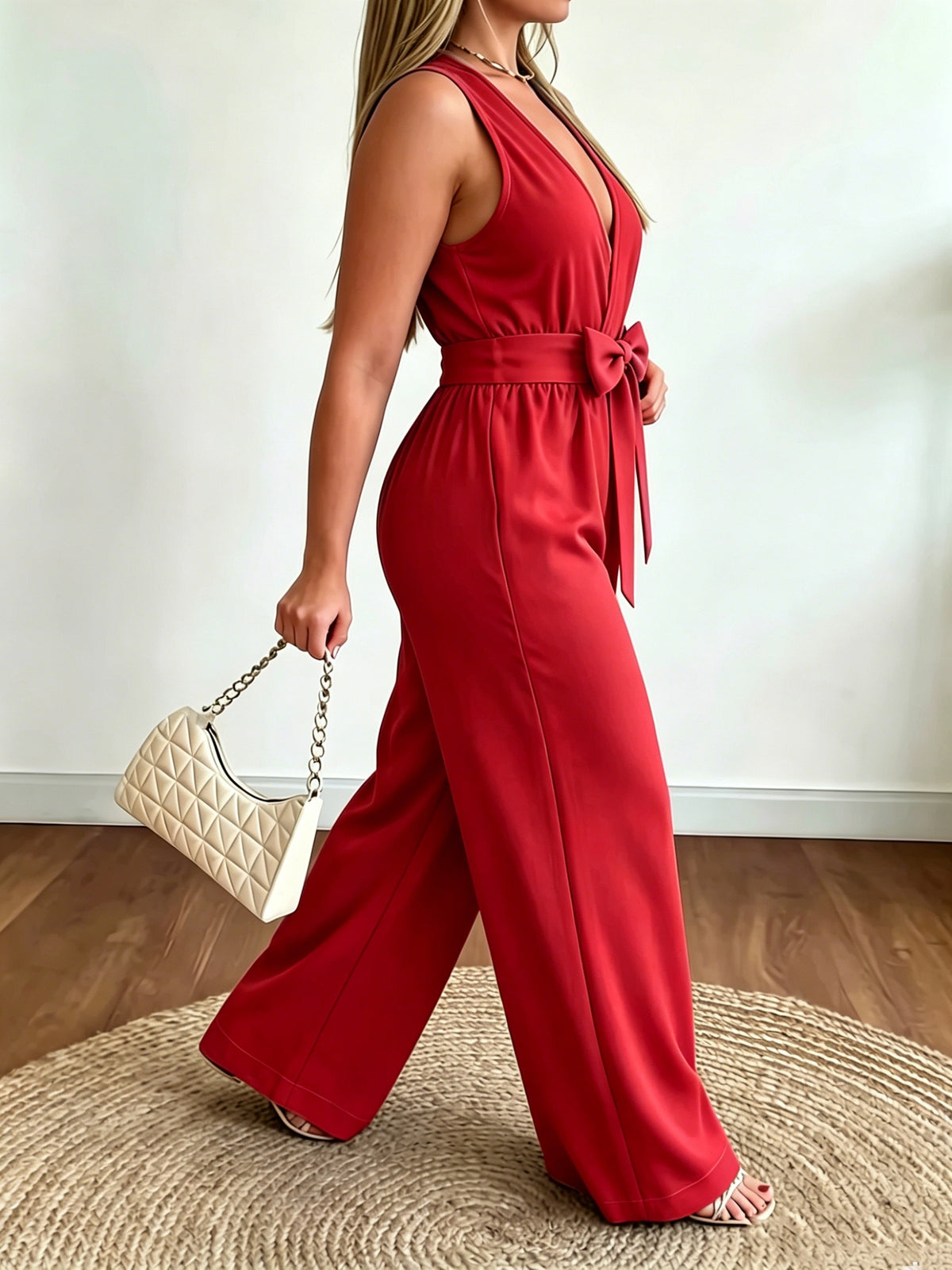 Targeted Development \ Women'S Western Style V-Neck Sleeveless Waist Bow Design Casual Fashion Versatile Jumpsuit - Suitable for Office, Home, Vacation - Red