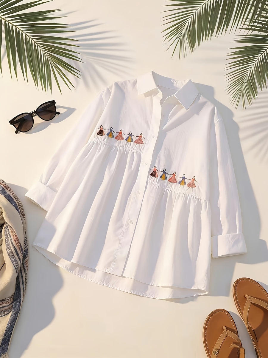 Women's Long Sleeve Loose-Fit Cartoon White Shirt, New Spring/Autumn Asymmetrical Design with Left and Right Unequal Hemlines, Versatile Top Suitable for Work and Shopping - White