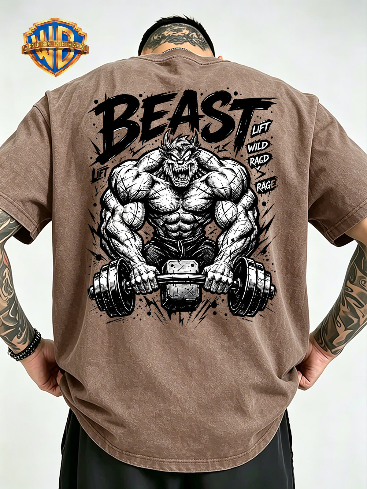 Fitness Beast Dumbbell Print Washed Distressed T-Shirt, Men'S 100% Fabric, Casual Comfortable Style, Loose Fit Breathable Short Sleeve Men'S Casual Top, Distressed Washed Loose Fit - Khaki