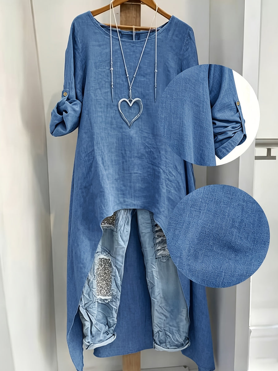 Women' Elegant Asymmetric Oversized Shirt - Loose Fit Long Sleeve Round Neck Blouse with Short Front & Extended Back Length, Layering Piece Suitable for Spring/Fall, Casual to Dressy Wear (No Stretch) - Deep Blue
