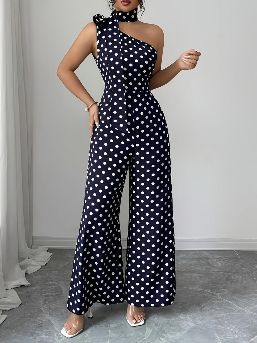 Women's Elegant Casual French-Style Polka Dot Asymmetrical Collar Rose Embellished Sleeveless Slim-Fit Jumpsuit, Spring/Summer Collection ZLLZ - Navy Color