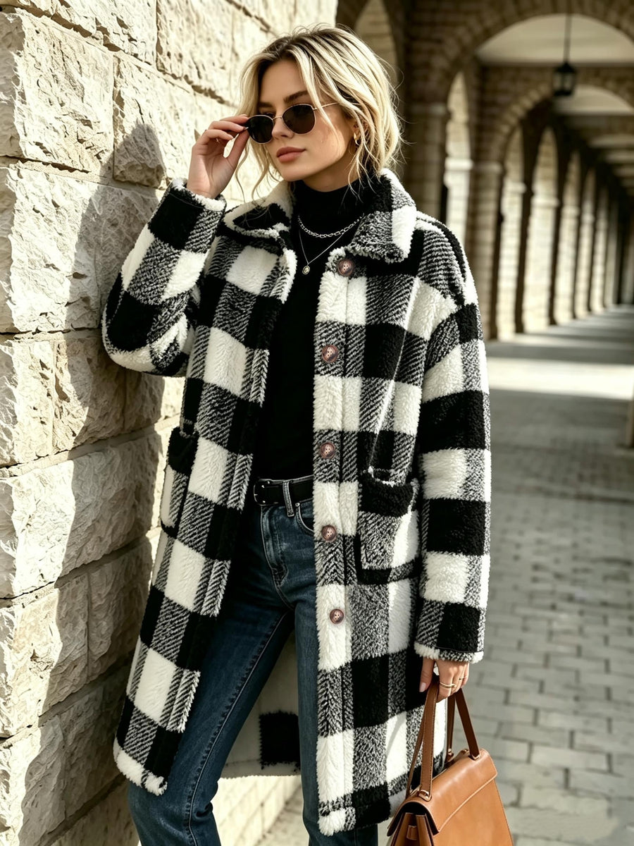 2026 Autumn Winter New Product, Women'S Plaid Printed Long Double Plush Coat, Teddy Bear Women'S Jacket, Lapel Long Sleeve Button-Up Design, Women'S Elegant Faux Coat, Essential Light Warm Jacket for Autumn Winter, Fashionable And Versatile - Black And White