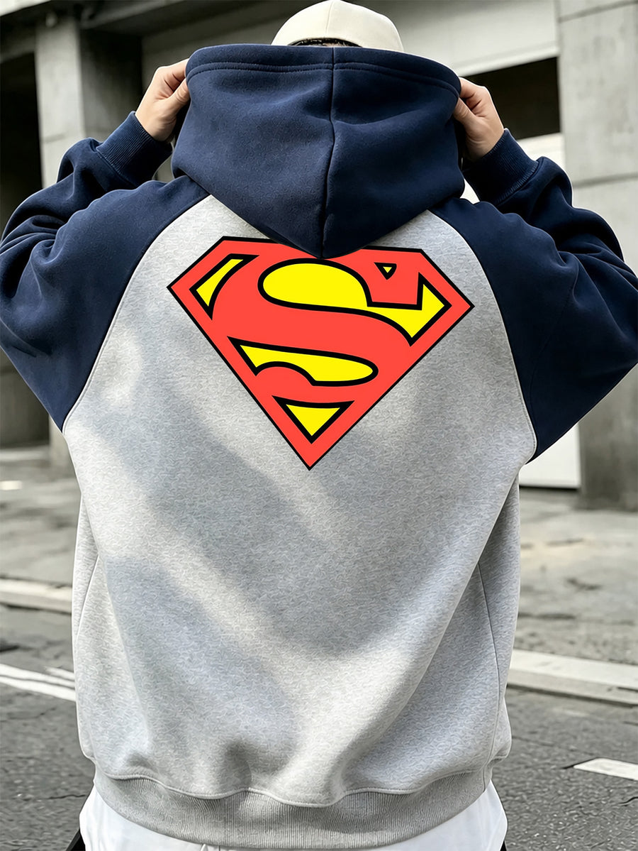 Men'S Color-Block Shoulder Ripped Zipper Hooded Sweatshirt, Easy Classic Superman S Shield Logo Front-Back Print Style, Men'S Trendy Cardigan Hoodie, Loose Jacket, Pocket Design, Comfortable, Casual, Commute, Vacation, Premium, Couple Style - Navy Color