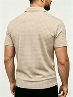 Men's Waffle Knit Half-Zip Polo Shirt, Loose Fit Solid Color Versatile Short Sleeve - Khaki