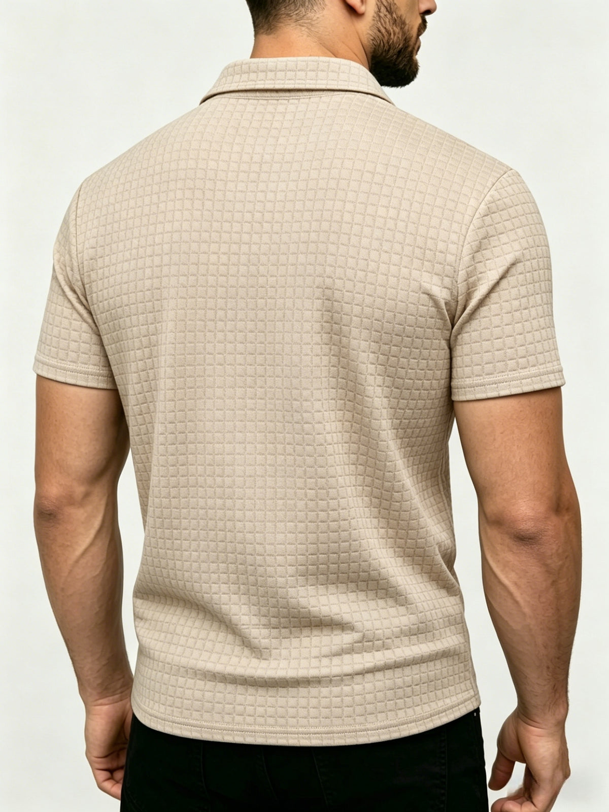 Men's Waffle Knit Half-Zip Polo Shirt, Loose Fit Solid Color Versatile Short Sleeve - Khaki
