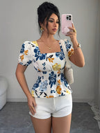 Women'S Elegant Summer Blue Yellow Floral Digital Print Square Neck Short Sleeve Fitted Blouse - Mixed colors