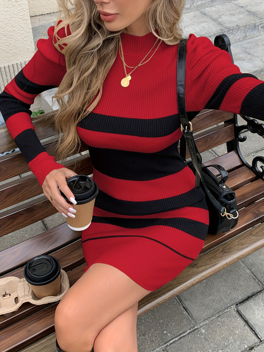 Color Block Striped Puff Sleeve Dress - Burgundy