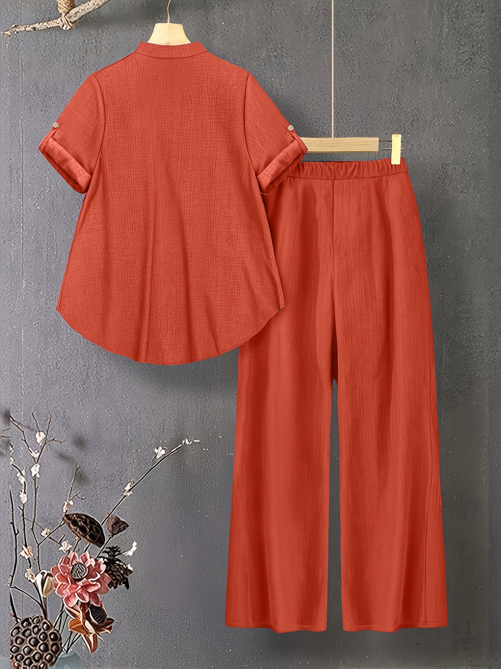 New V-neck Button-detail Short-sleeve Top with Elastic Waist and Side Slant Pockets Women's Set - Orange Red