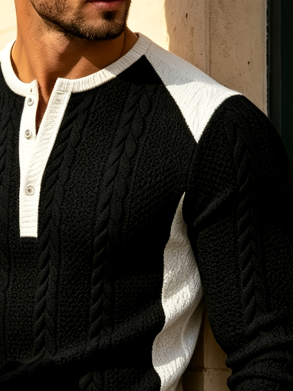 [Joximei OBM] Western Hardman Style Men'S Jacquard Henley Long Sleeve T-Shirt, Shoulder Side Color-Block Patchwork Knit Top, Home Casual Weekend Outing Base Layer, Surprise Gift for Men - Black