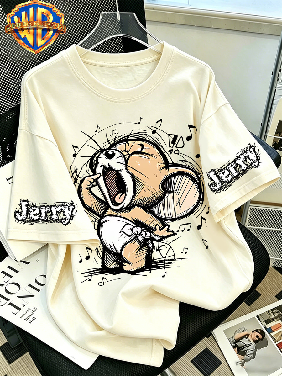 Warner Bros. Official Classic Character Music Singing Mouse Print T-Shirt, Men'S 100% Casual Comfortable Multi-Functional Loose Summer Short Sleeve T-Shirt, Suitable for Outdoor Wear - Apricot