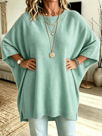 Plus Size, Women's Spring/Autumn Elegant Casual Cute Sexy Middle Eastern Style Spring/Autumn/Winter Solid Color Round Neck Batwing Sleeve Split Hem Irregular Loose Soft Warm Shawl Cape Pullover Sweater Top - Green