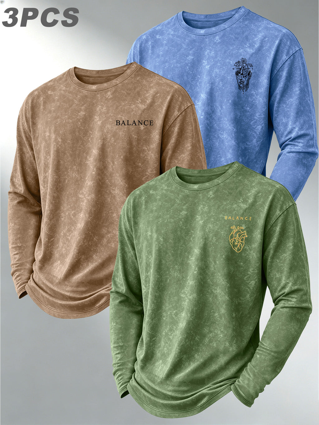 Versatile Basic 3pcs Set Distressed Long-Sleeve Men's Washed Crew Neck Daily Commute Casual Long-Sleeve Top - Green+Khaki+Light Blue