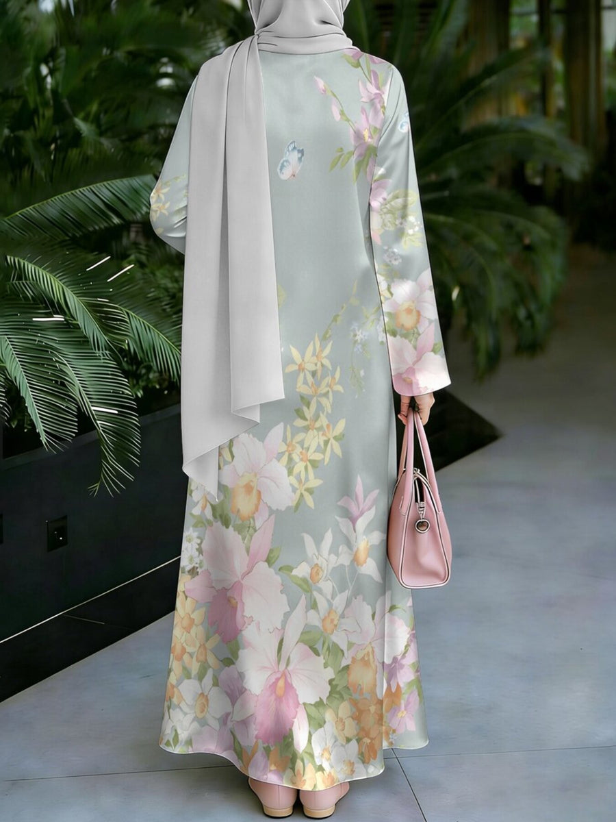 Women's Middle Eastern Style Muslim Elegant Robe, Light Gray-Green Gentle Mixed Color Floral Print Long Gown, Loose Long Sleeve Draped Fit, for Prayer, Shopping, Family Gatherings, Skin-Friendly and Breathable Non-Embroidered Craft - Mixed colors