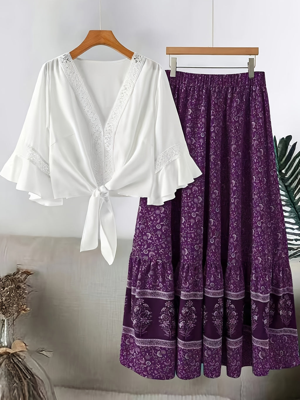 Plus Size Women'S Lace Trim Fashion Set, Suitable for Spring/Summer Vacation Casual All-Match Two-Piece Outfit - Purple