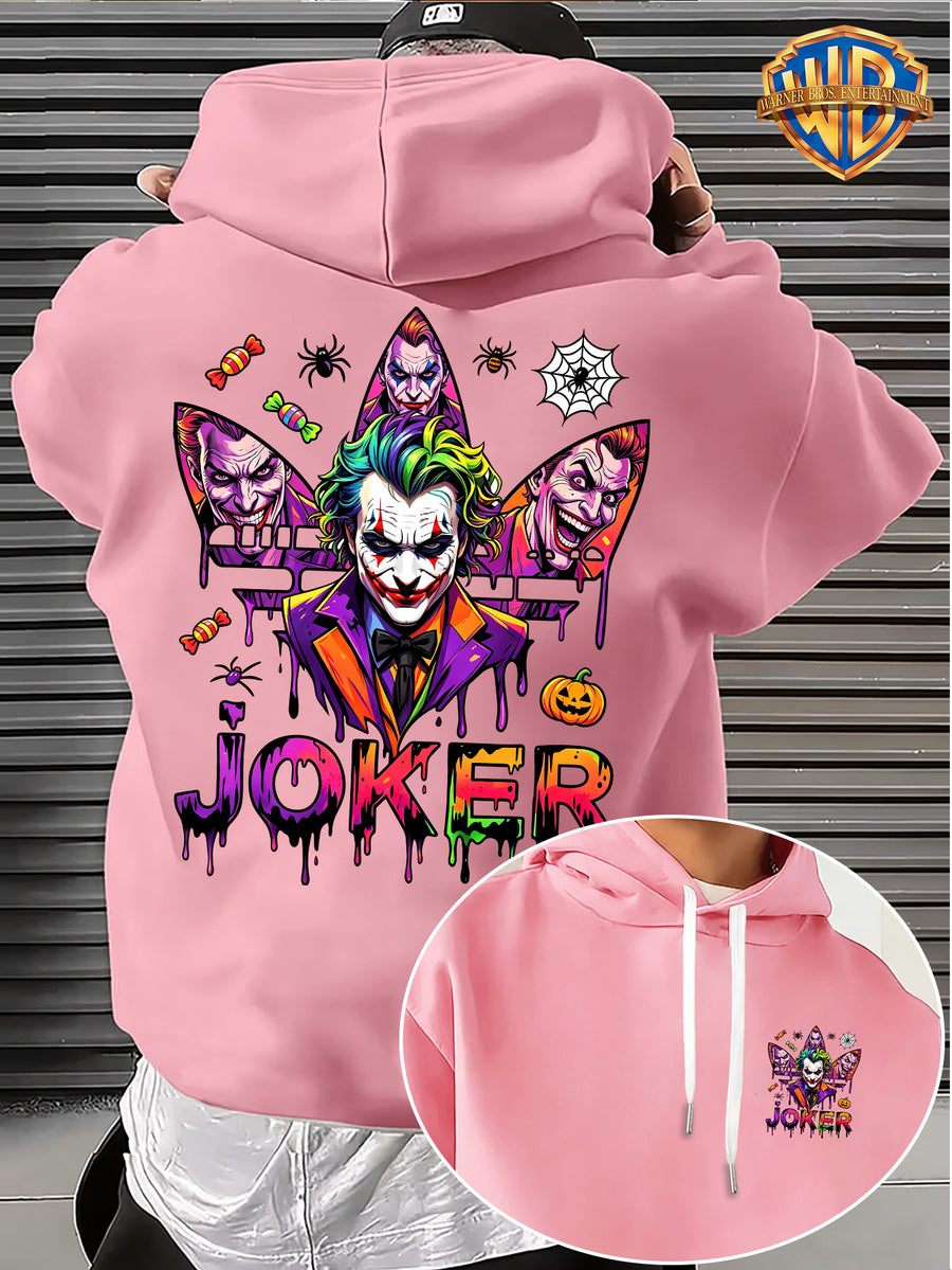 Warner Bros. Official Licensed Men'S Hoodie, Halloween Splatter Graffiti Theme Multi-Version Clown Head, Featuring Spider, Web, Candy, Pumpkin And Other Halloween Elements, Dripping Paint Effect Pattern Print, Street Style Men'S Pullover Hoodie - pink