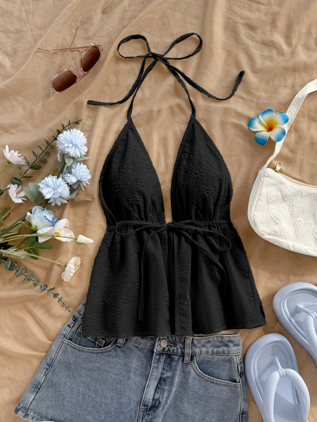 Solid Color Floral Texture Cute Top - Black