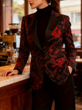 Elegant Red and Black Print Slim-Fit Blazer for Women - Red-Black