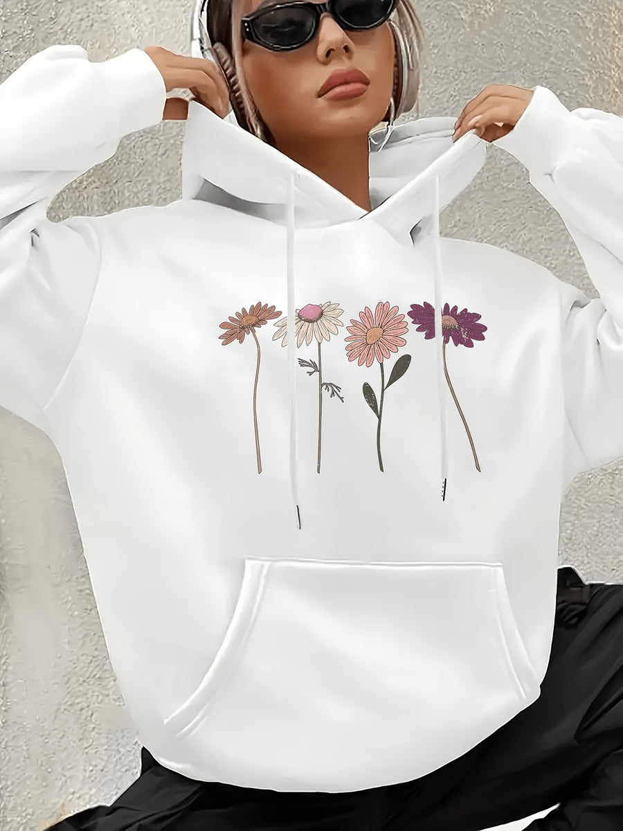 Women's Fashion Four Flower Print Casual Hooded Sweatshirt - White