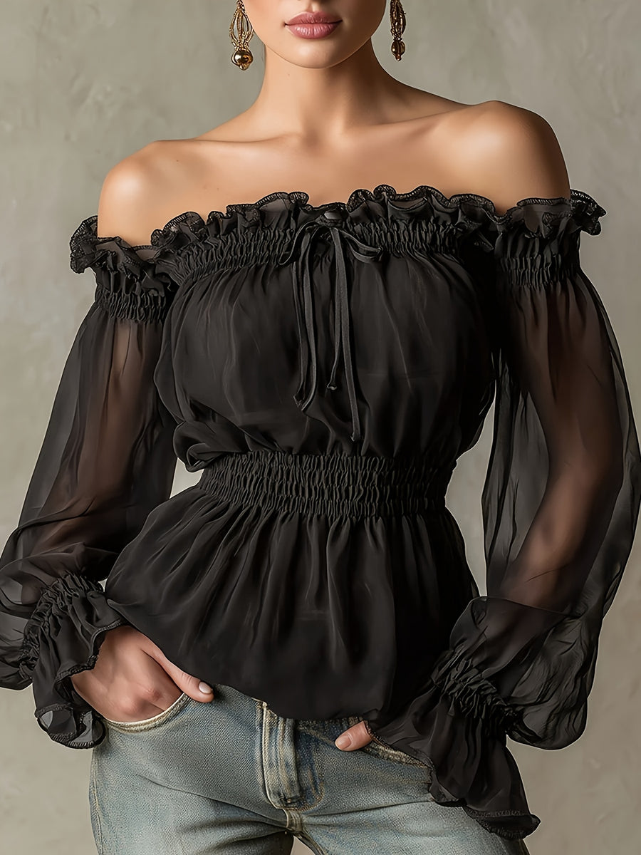 Fashionable Retro Ruffle Brown Off-Shoulder Women'S Chiffon Shirt Suitable for Spring, Summer And Autumn - Black